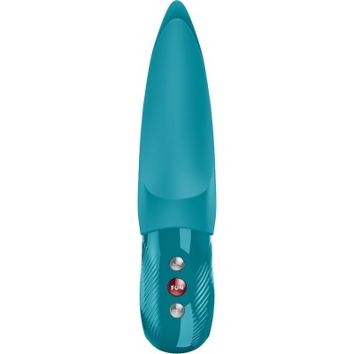 Aparelho azul com botões e a palavra FUN no botão vermelho.