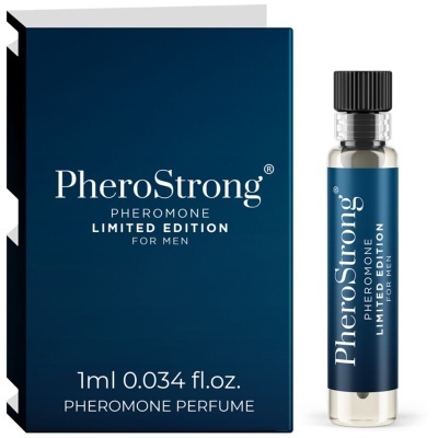 Frasco e caixa azul escura de perfume PheroStrong para homens