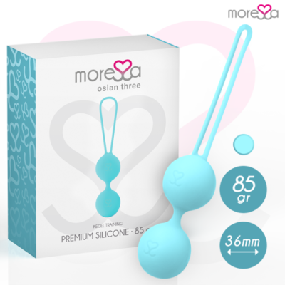 Produto de treino de Kegel em silicone azul claro com duas esferas e embalagem branca