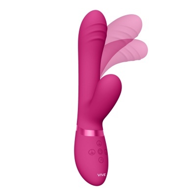 Vibrador rosa com duas pontas e botões de controlo