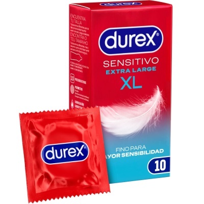 Caixa vermelha e azul de preservativos Durex Sensitivo Extra Large XL com embalagem individual vermelha
