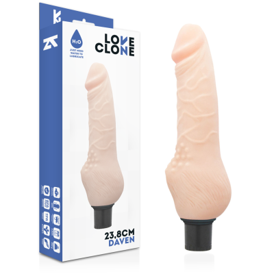 Vibrador realístico Love Clone bege em embalagem azul e branca