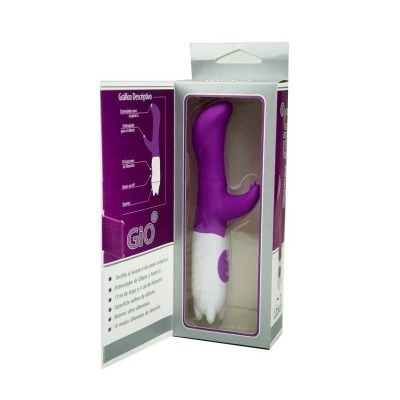Vibrador Gió branco e roxo na embalagem aberta com texto em espanhol