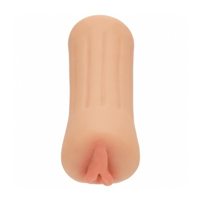 Produto alongado em silicone cor pele com abertura rosada na extremidade inferior