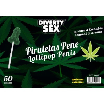 Embalagem de pirulitos em forma de pénis verdes com aroma a cannabis da marca DIVERTY SEX