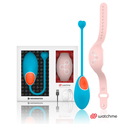 Dispositivo azul com botão laranja, pulseira rosa, embalagem e cabo USB da marca Watchme