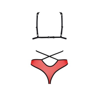 Conjunto lingerie com sutiã preto de tiras e cueca vermelha com tiras pretas cruzadas