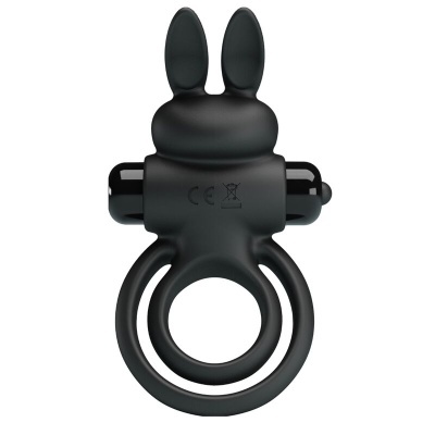 Anel vibrador preto em silicone com formato de cabeça de coelho e dispositivo vibratório
