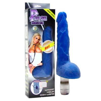 Vibrador azul com embalagem preta e texto PULSE MASTER