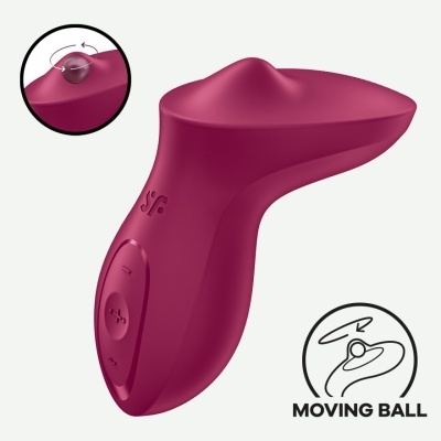 Dispositivo ergonómico púrpura com botão e símbolo MOVING BALL.
