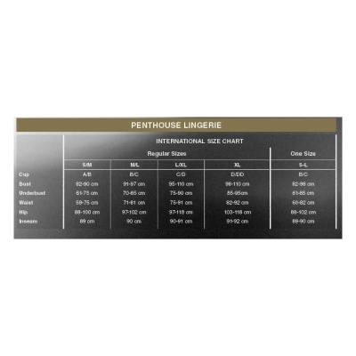 Tabela de tamanhos da Penthouse Lingerie com medidas em centímetros para vários tamanhos.