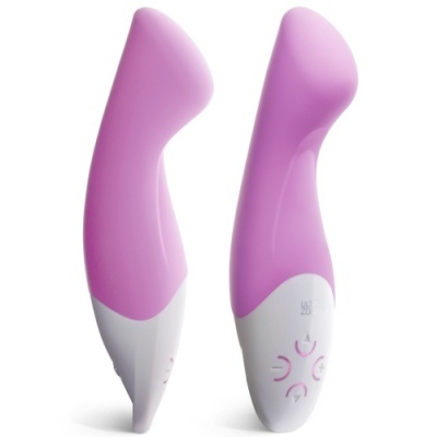 Dispositivo eletrónico rosa e branco com botões circulares