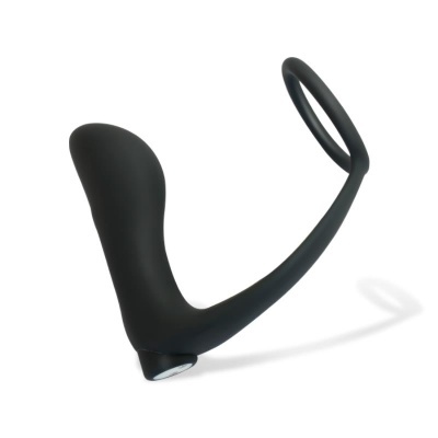 Produto preto curvado com anel numa extremidade sobre fundo branco