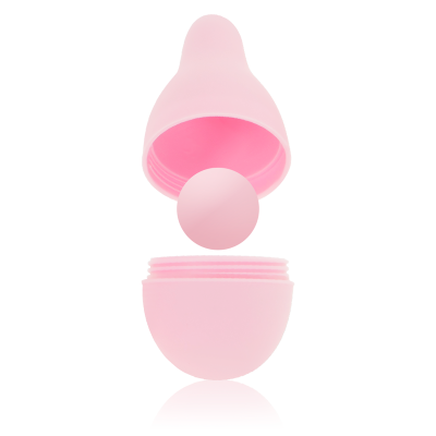 Objeto rosa claro em três partes, com esfera central, sobre fundo branco