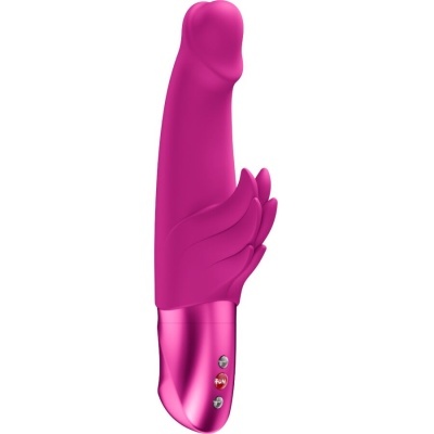 Vibrador rosa com asas decorativas laterais e base metálica com botões