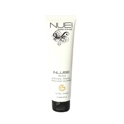 Tubo branco e preto de gel deslizante NUEL INLUBE Aloe Vera com texto em português e inglês