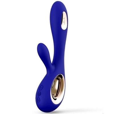 Vibrador azul em silicone com detalhes dourados e botões de controlo