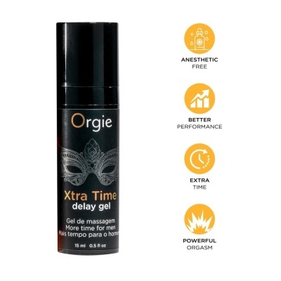 Frasco preto de gel Orgie Xtra Time delay com texto e ícones em fundo branco