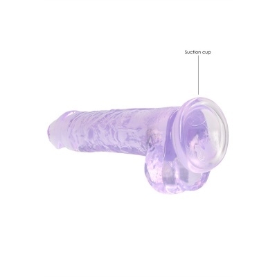 Dildo lilás translúcido com ventosa na base sobre fundo branco
