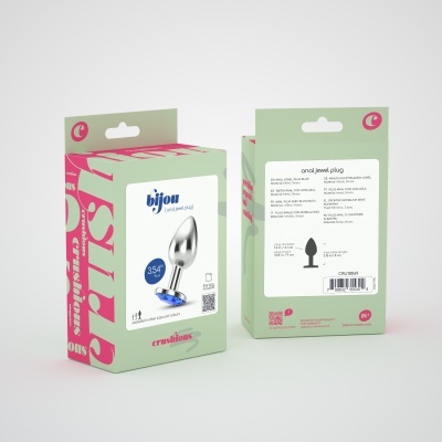 Caixa embalagem para plug anal metálico com joia azul com texto em várias línguas e código de barras
