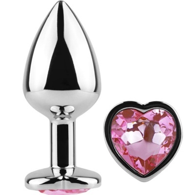 Plug anal metálico com base de coração e pedra rosa