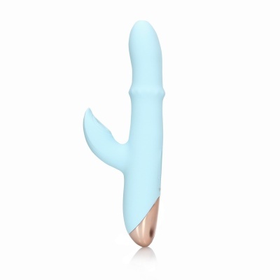 Vibrador anatómico azul claro com estimulador adicional e base dourada