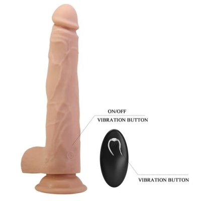 Vibrador realístico cor pele com controlo remoto preto e texto ON/OFF VIBRATION BUTTON.