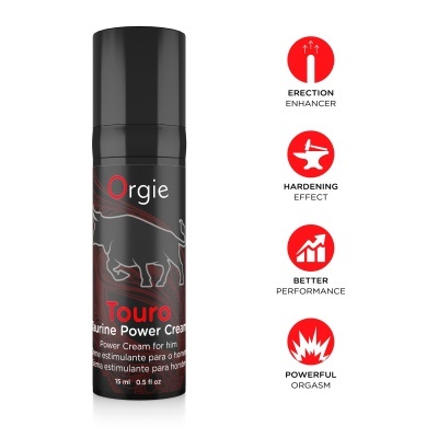 Frasco preto de creme Orgie Touro com rótulo de touro e ícones de benefícios