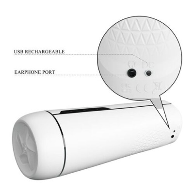 Coluna portátil branca com portas USB e de auscultadores em detalhe ampliado