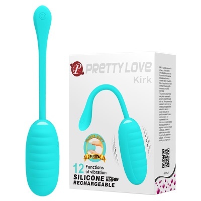 Produto azul em silicone com textura ondulada e embalagem branca com texto PRETTY LOVE Kirk