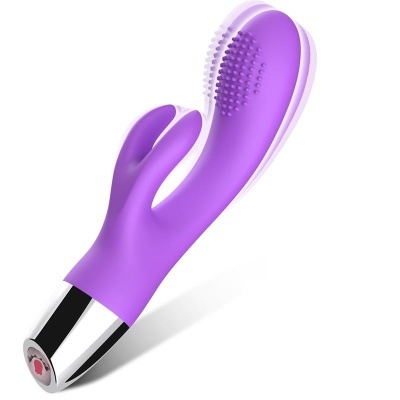 Vibrador pessoal roxo em silicone com texturas e botão prateado