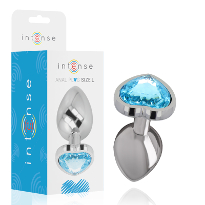 Plug anal metálico prateado com pedra azul em forma de coração