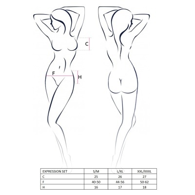 Ilustração de silhueta feminina com marcações e tabela de medidas
