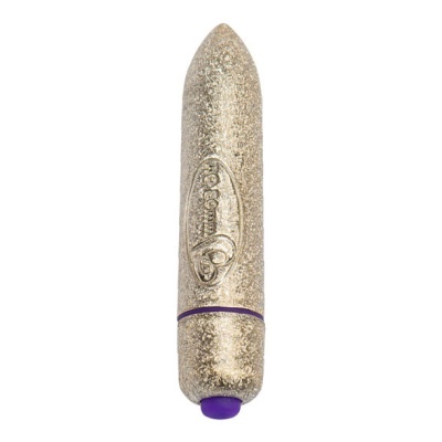 Vibrador dourado brilhante com base roxa