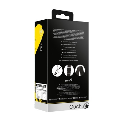 Embalagem preta e amarela do produto Ouch! com imagens de correias e clipes metálicos