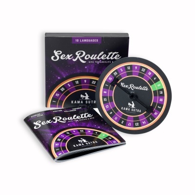 Jogo Sex Roulette com roda giratória, manual e caixa preta e roxa