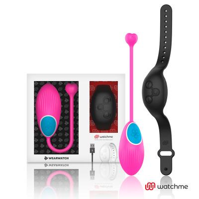 Produto Watchme tecnológico rosa, azul e preto, com pulseira e cabo USB