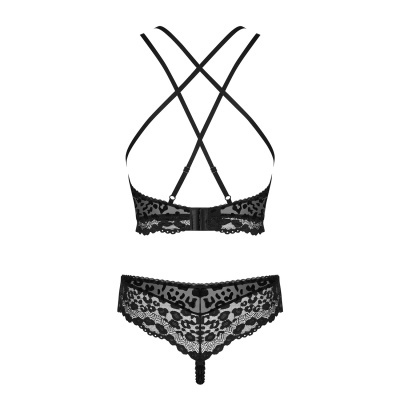 Conjunto de lingerie feminino preto em renda transparente com padrão animal.