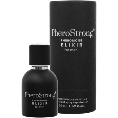 Frasco e embalagem preta fosca de perfume PheroStrong para homem