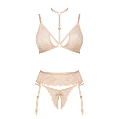 Conjunto de lingerie bege em renda com tiras e fivelas douradas