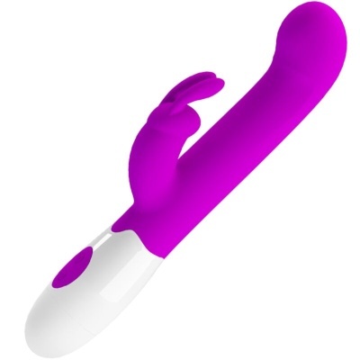 Vibrador roxo com base branca e botão roxo
