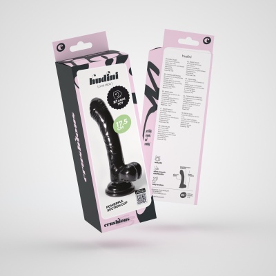 Embalagem de dildo anal preto com ventosa, texto em várias línguas e fundo rosa preto