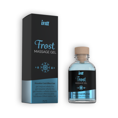 Gel de massagem Frost da marca intt com embalagem preta e azul e frasco transparente com tampa de cortiça