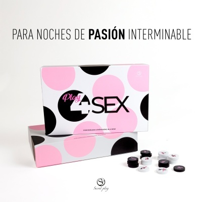 Caixas com padrão bolinhas rosa e pretas, texto em espanhol e inglês, peças redondas com ícones, logo Secret play no fundo branco
