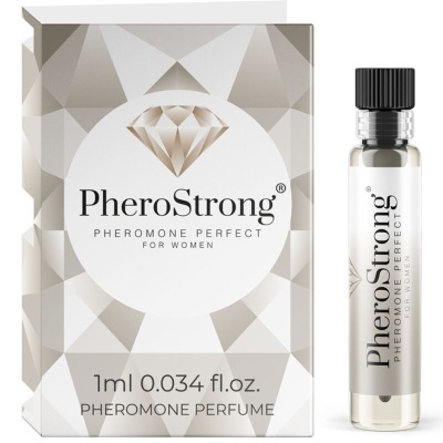 Perfume de feromonas PheroStrong para mulheres com embalagem branca e frasco transparente