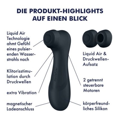 Dispositivo preto ergonómico com duas ponteiras de silicone pretas adicionais e texto descritivo em alemão