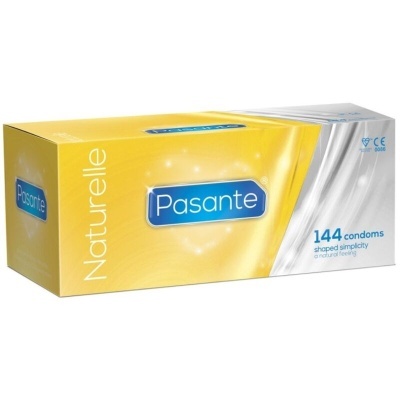 Caixa de preservativos Pasante Naturelle amarela e branca com 144 unidades