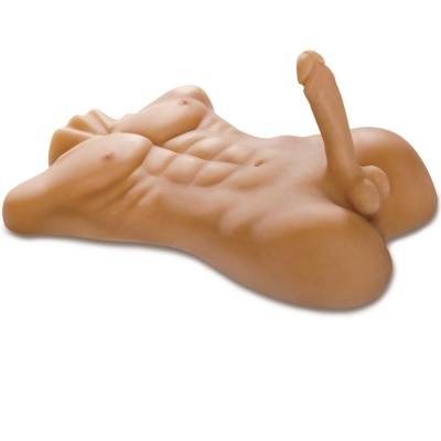 Manequim sexual masculino cor de pele com músculos detalhados e órgão genital ereto