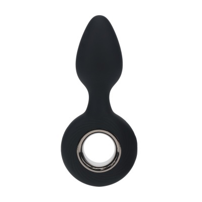 Plug anal preto com base circular e acabamento metálico