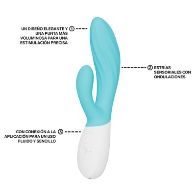 Vibrador azul claro com base branca e texto em espanhol ao redor